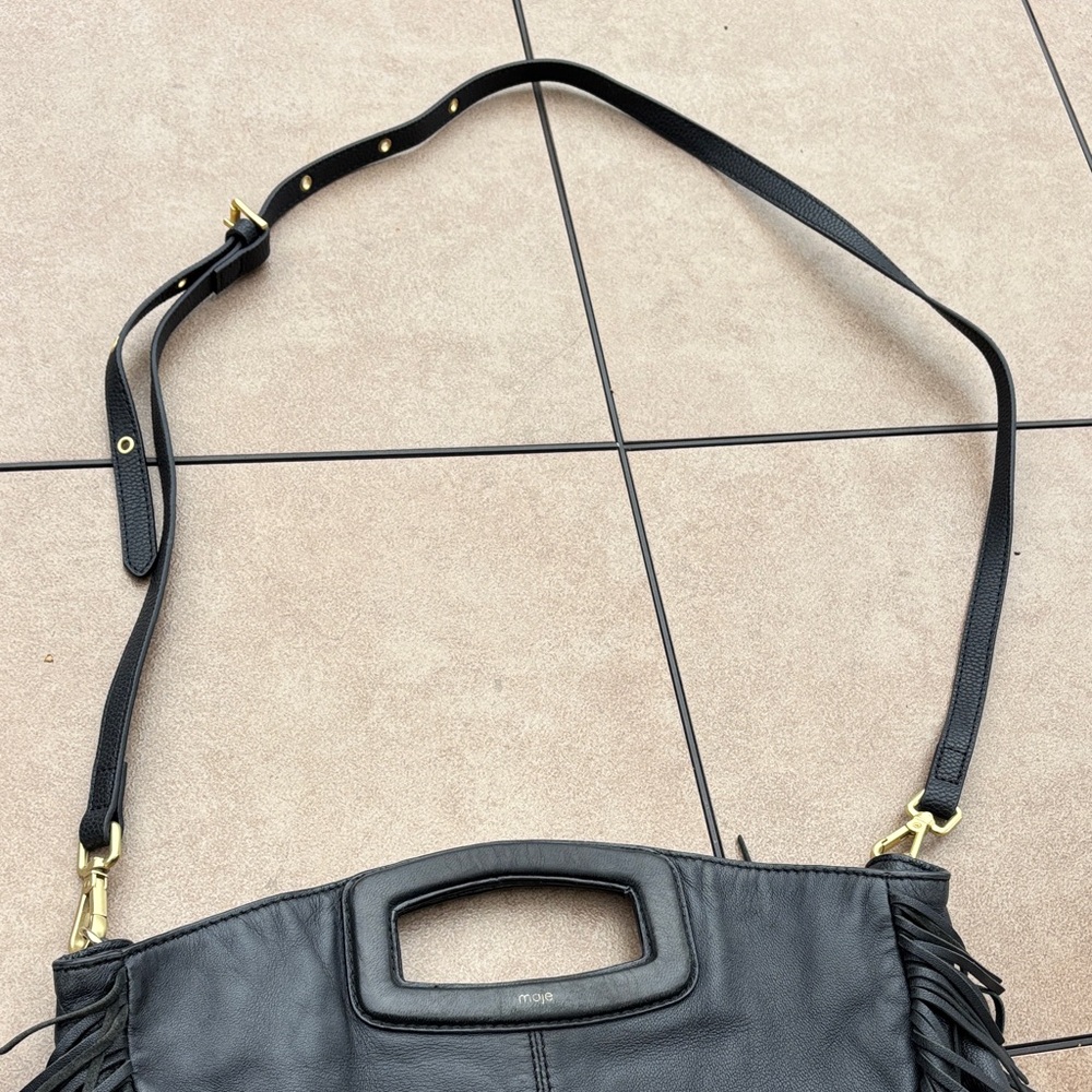 Maje Ladies Black Leather Fringe with Top Handle/Cross Body Bag - Picture 3 of 12